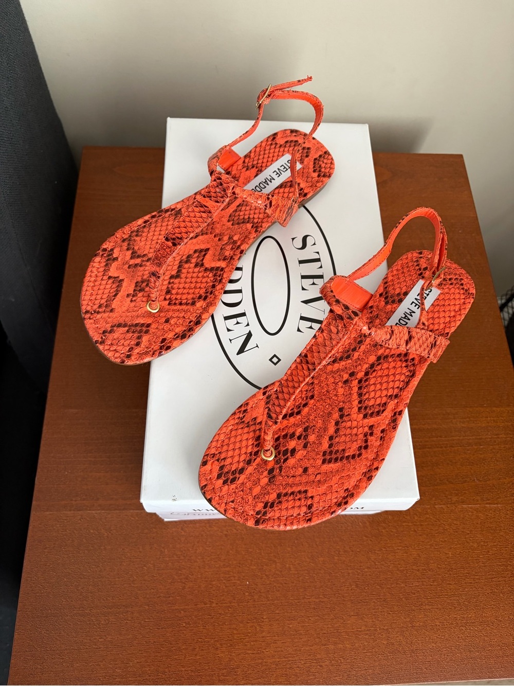 Steve Madden Bright Orange Snake-Print T-Strap Sandals